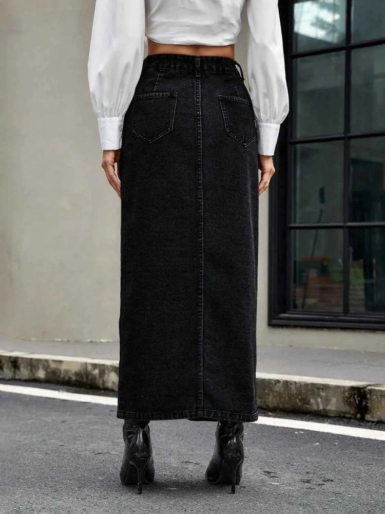 Button Front Denim Skirt