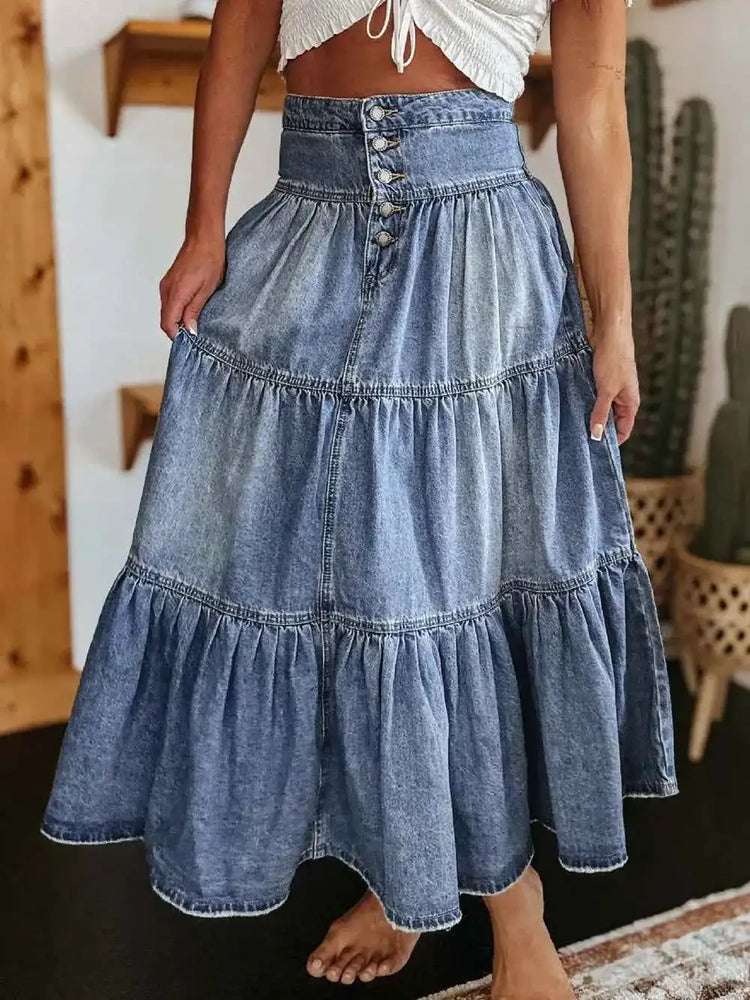 Tiered Denim Skirt with Button-Fly Design