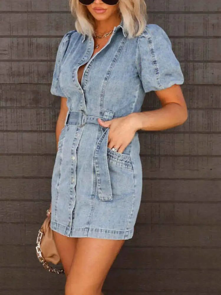 Button-Up Denim Shirt Dress with Puff Sleeves