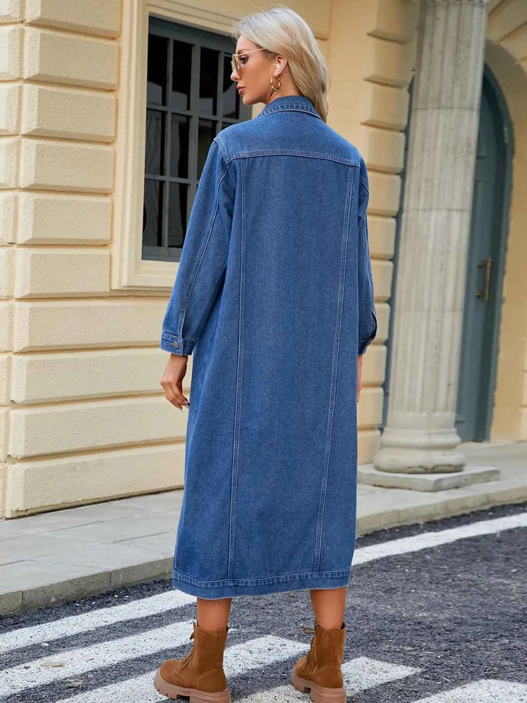 Button Up Long Sleeve Longline Denim Jacket for Stylish Layering