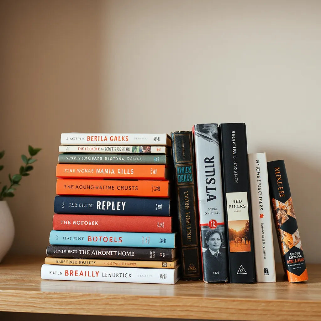 Stack of popular fiction books on a cozy shelf with warm lighting and a blurred background