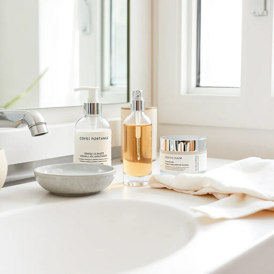 Hydrating skincare set on a clean vanity with cleanser, serum, and moisturizer in soft light
