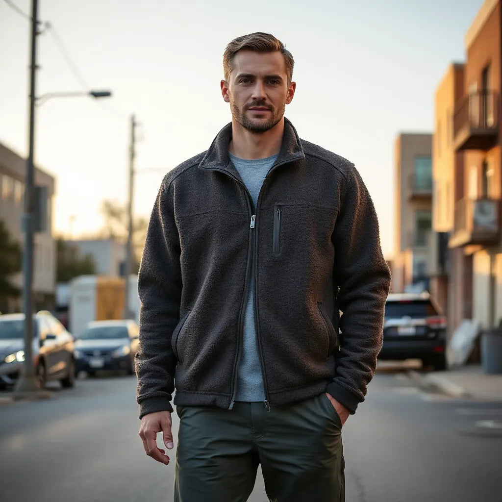 Men’s fleece jacket shown in a casual outfit with visible texture in natural lighting