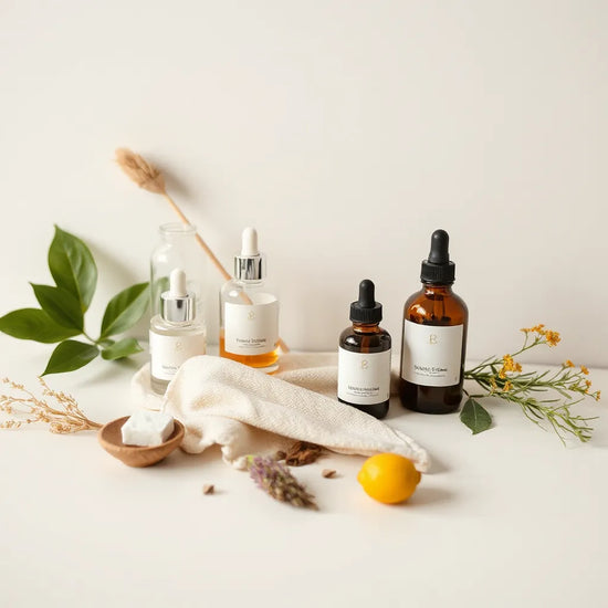 Neatly arranged skincare bottles and jars with fresh botanicals on a clean light background