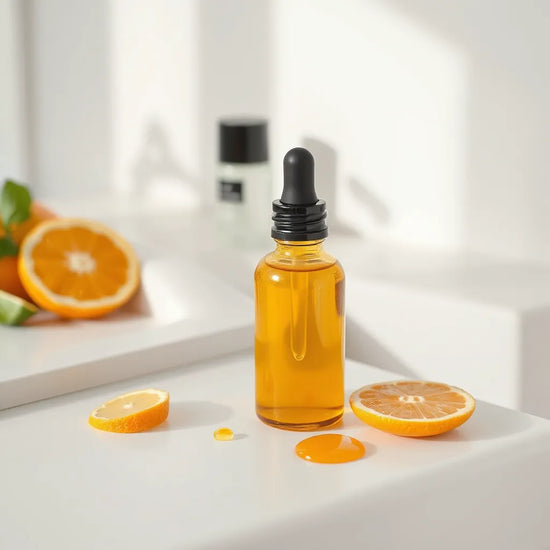 Amber vitamin C serum in a glass dropper with citrus slices on a clean vanity