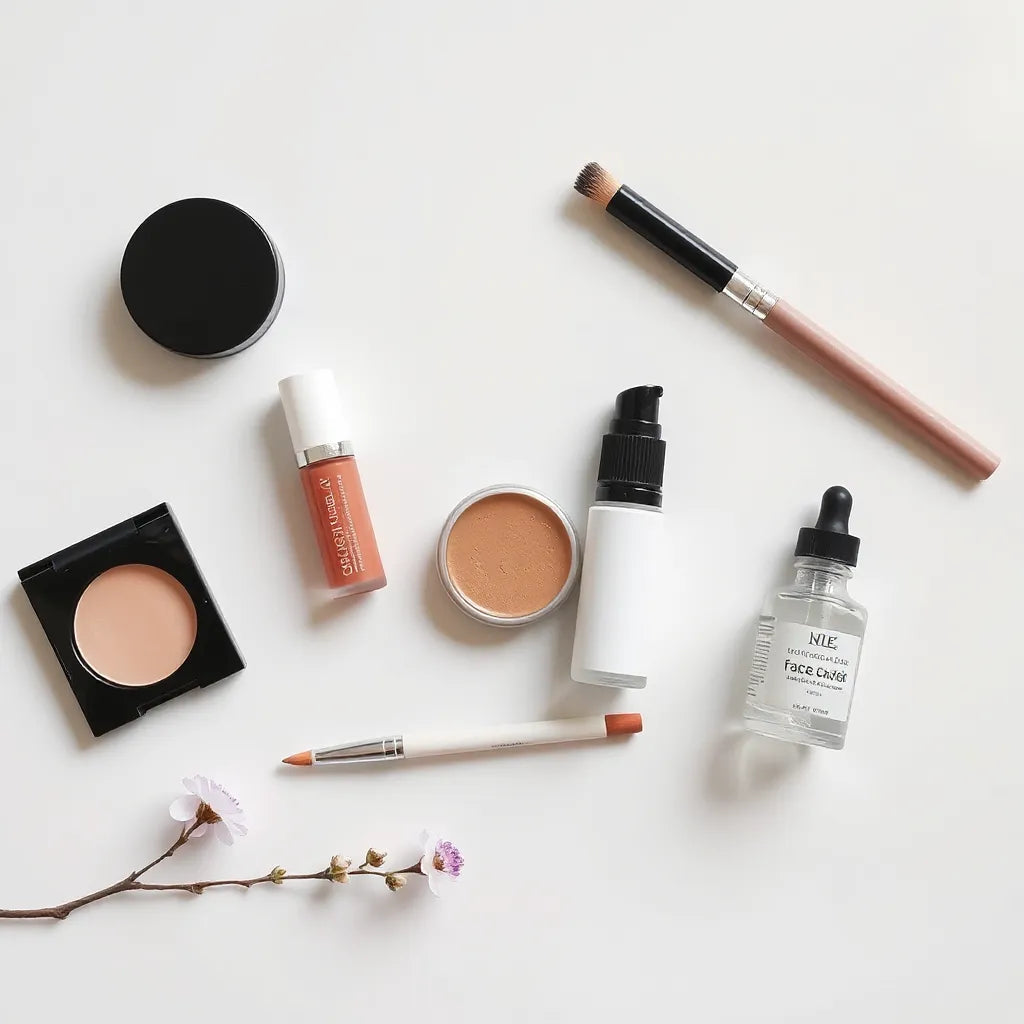 Affordable skincare and makeup essentials arranged neatly on a light background for everyday glow