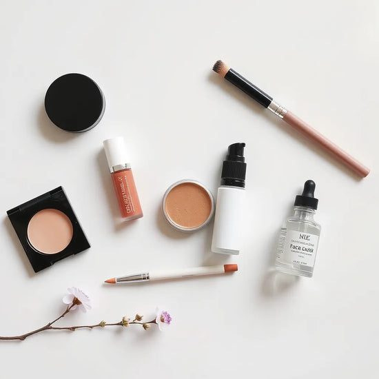 Affordable skincare and makeup essentials arranged neatly on a light background for everyday glow