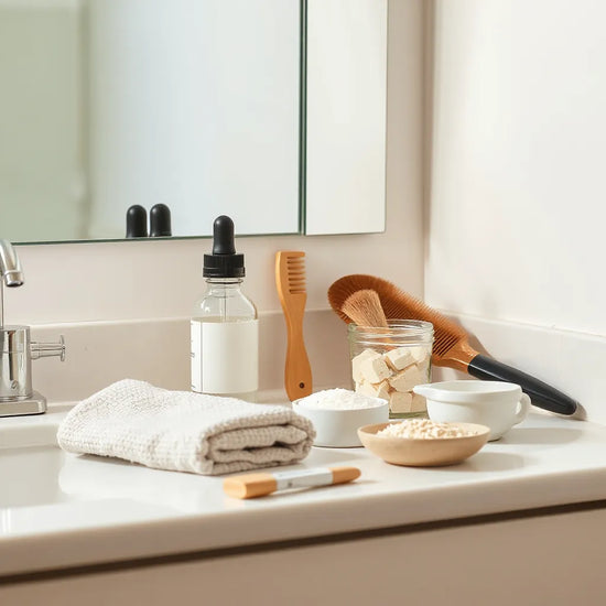 Budget-friendly beauty items arranged on a bathroom vanity with natural light