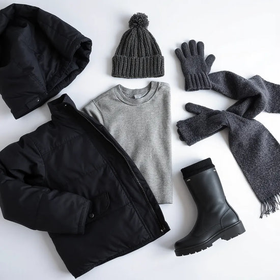 Neatly arranged men’s winter clothing items including coat, gloves, scarf, beanie, socks, and boots
