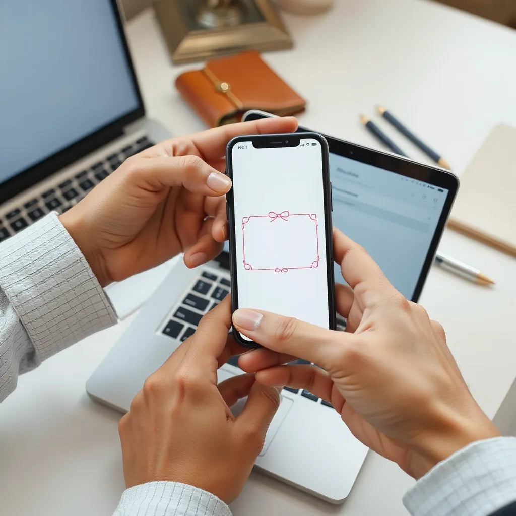 Smartphone and laptop on a clean desk showing a digital gift card interface for instant delivery