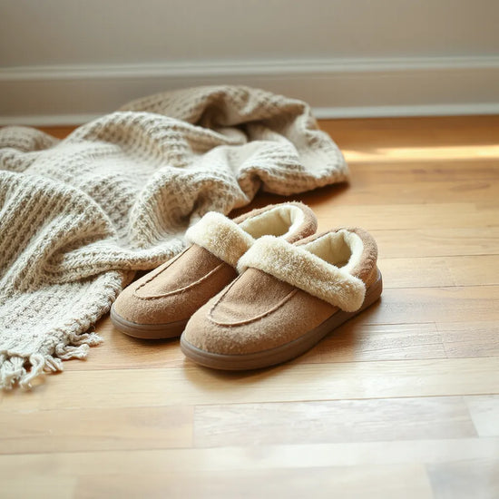 Plush women’s cozy slippers with cushioned sole on a warm wooden floor