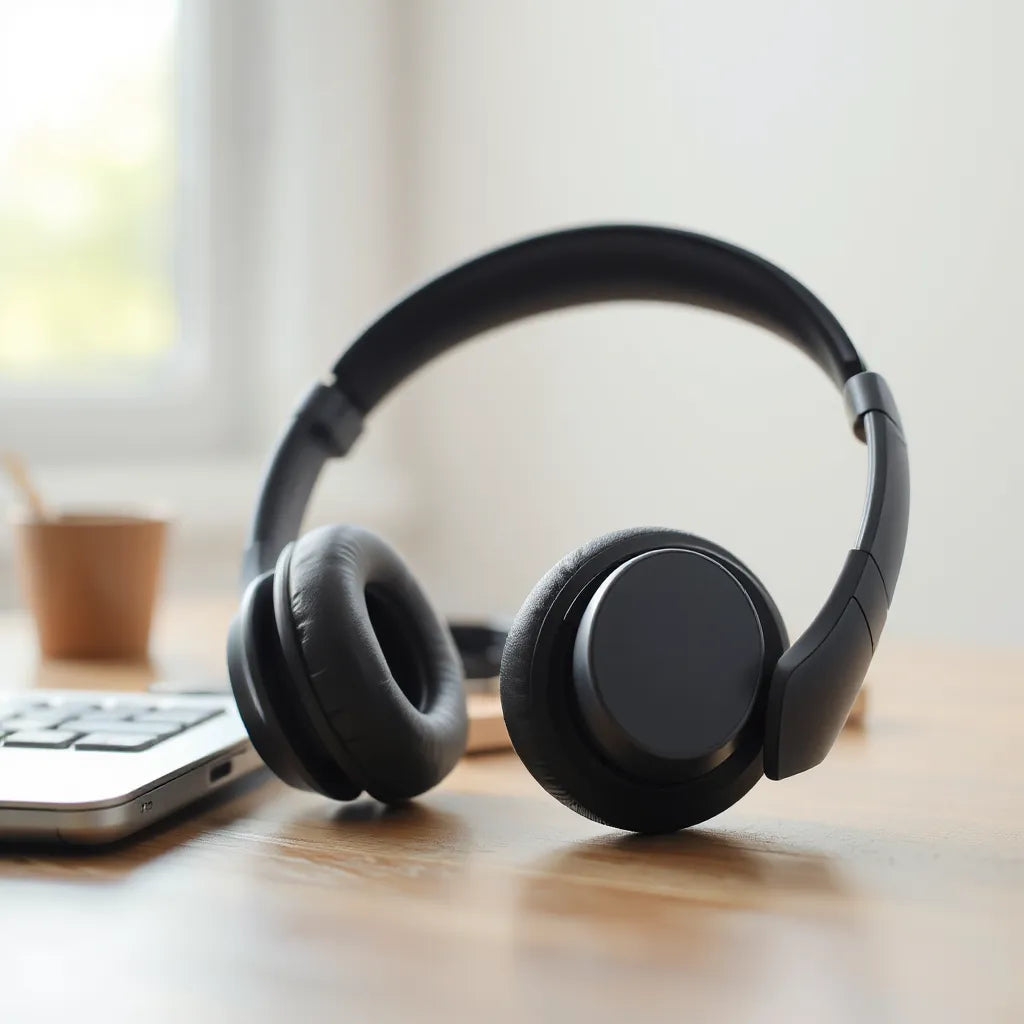 Sleek wireless noise cancelling headphones with cushioned ear cups on a clean desk under soft natural light