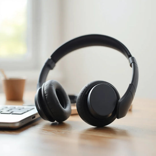 Sleek wireless noise cancelling headphones with cushioned ear cups on a clean desk under soft natural light