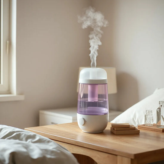 Ultrasonic cool mist humidifier on a bedside table releasing a gentle mist for improved indoor comfort