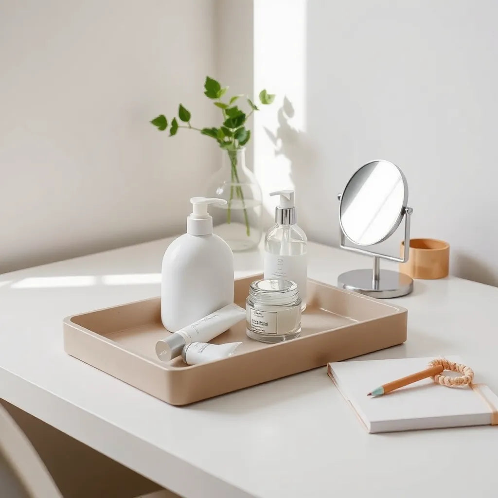 Minimalist skincare products arranged on a student vanity with moisturizer, cleanser, and sunscreen in soft light