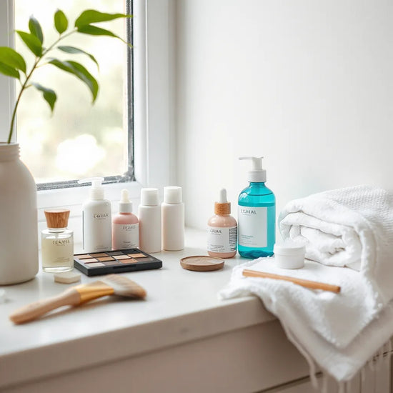 Affordable skincare and makeup essentials arranged neatly on a sunlit vanity
