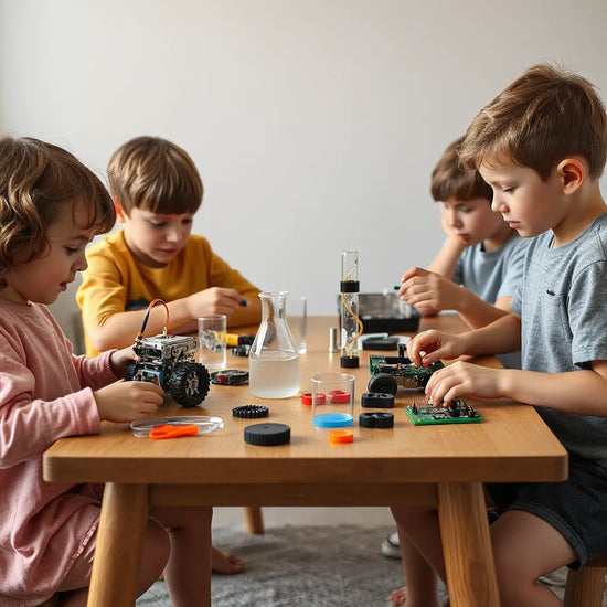 Kids building robotics and circuits with STEM experiment supplies on a table