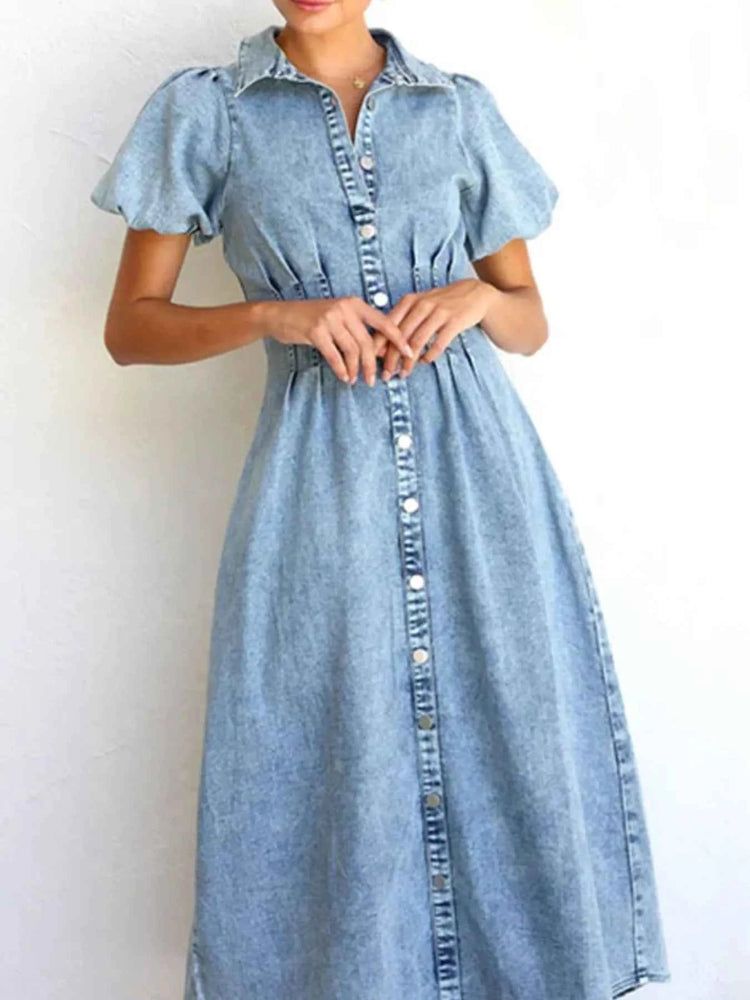 Puff Sleeve Button Front Denim Midi Dress