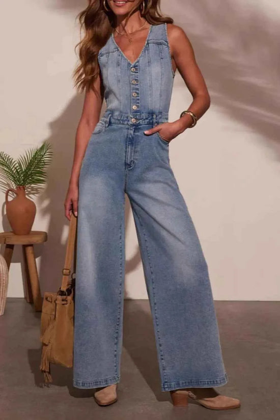 V-neck Denim Jumpsuit with Wide Leg Design