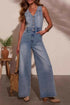 V-neck Denim Jumpsuit with Wide Leg Design