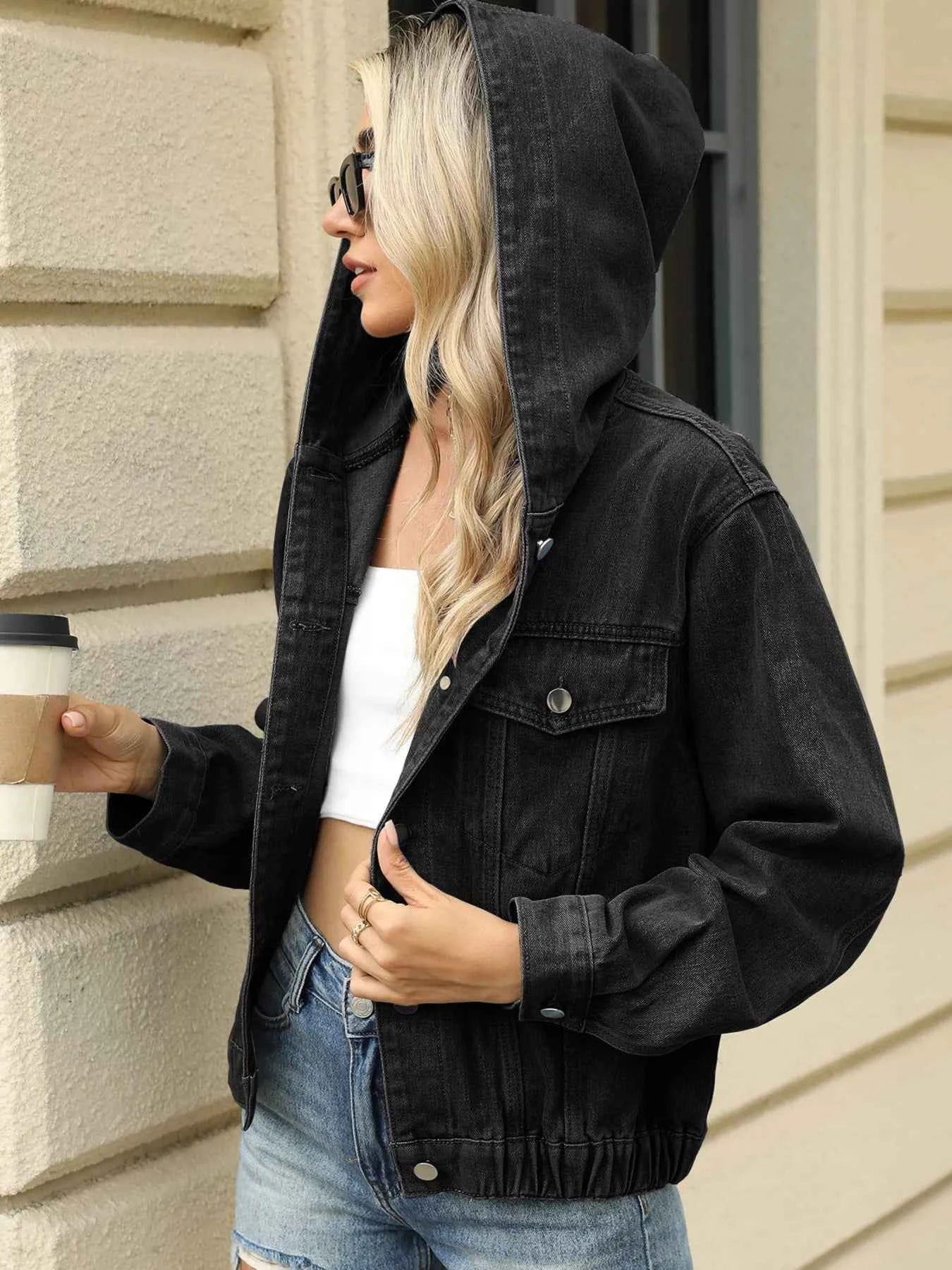 Washed Button Up Hooded Denim Jacket