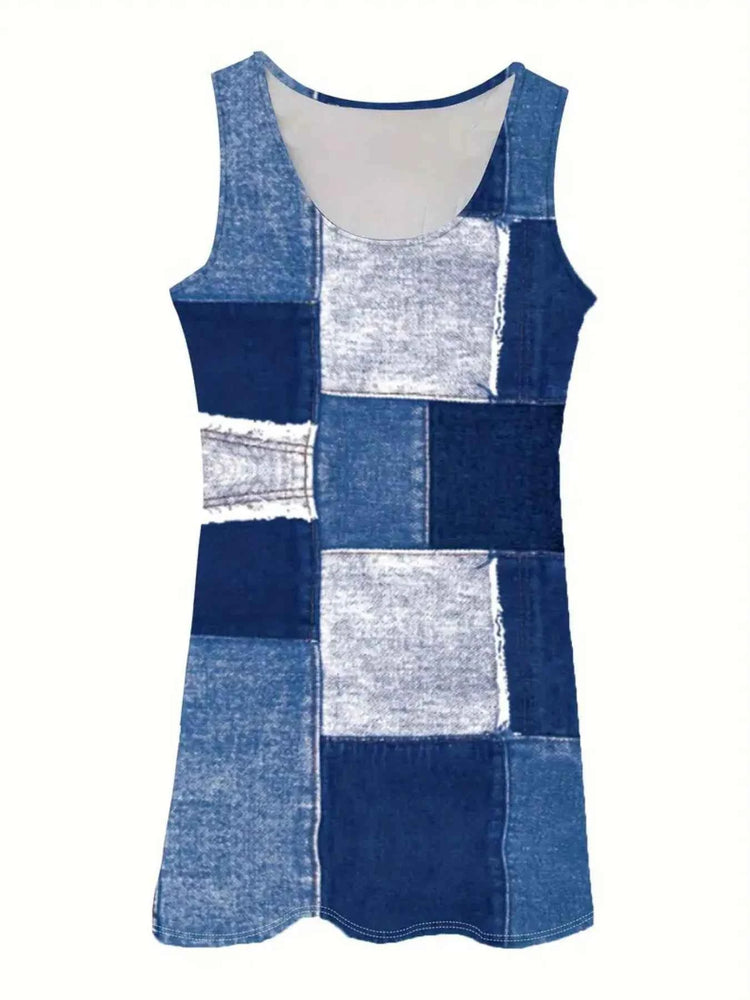 Patchwork Scoop Neck Denim Tank Dress