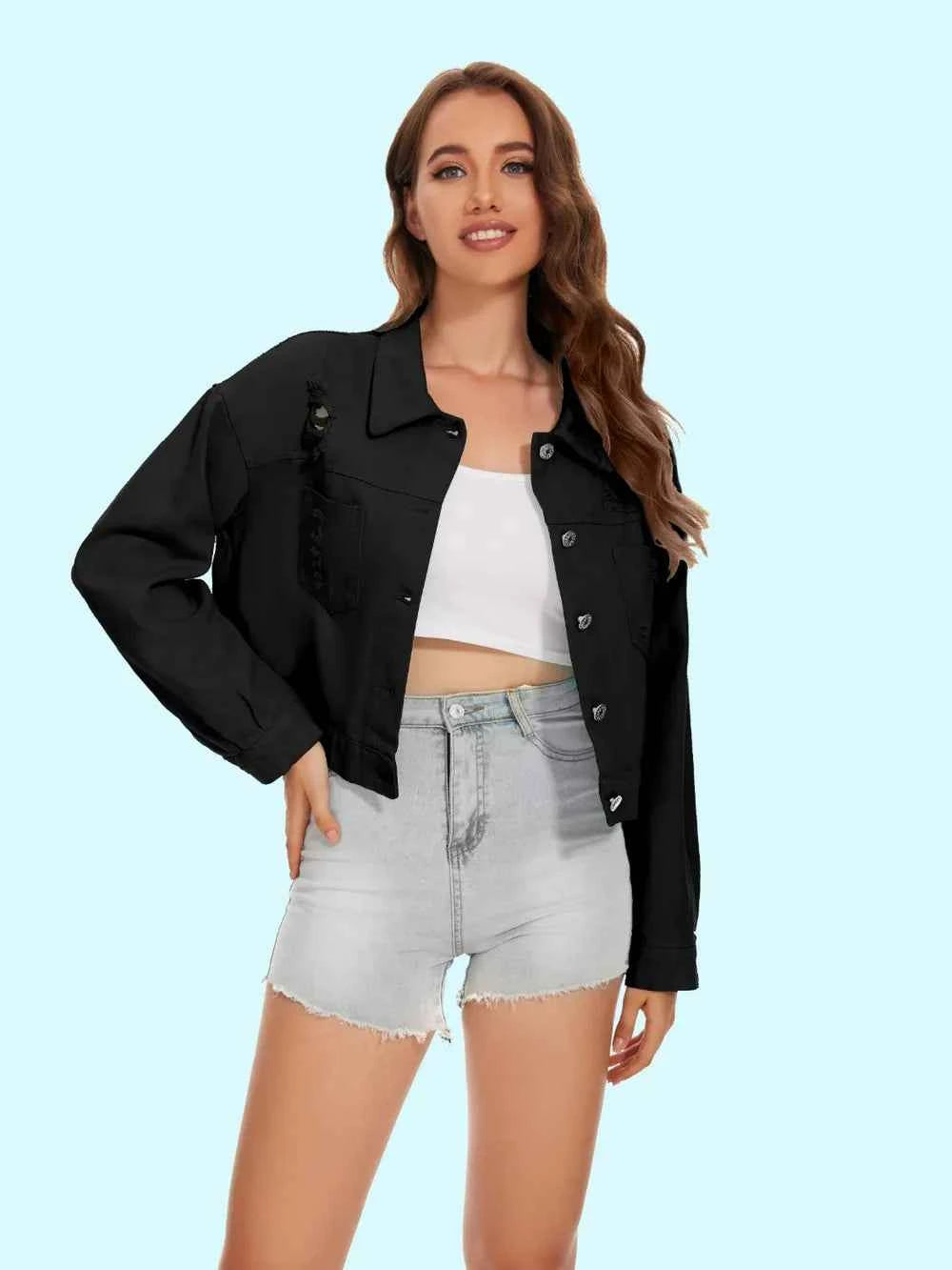 Distressed Denim Jacket with Buttons Up