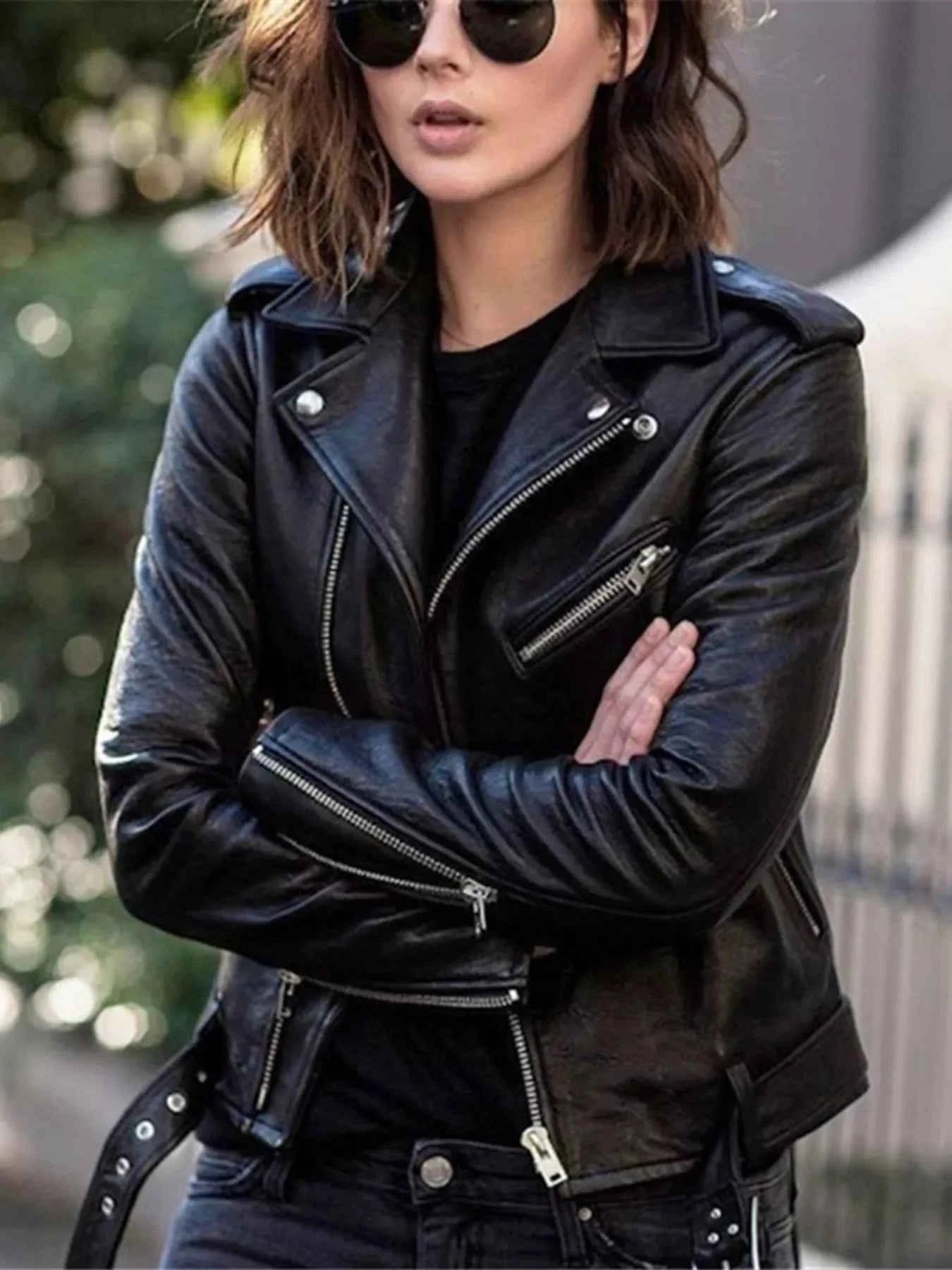 Full Size Zip Up Leather Motorcycle Biker Jacket Plus Size