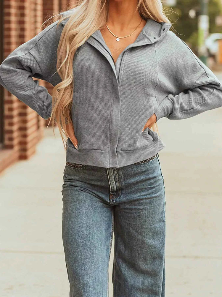 Add Payee Button Waffle Hooded Jacket - Splicing Zip Up Front & Button Details – Iluvaf