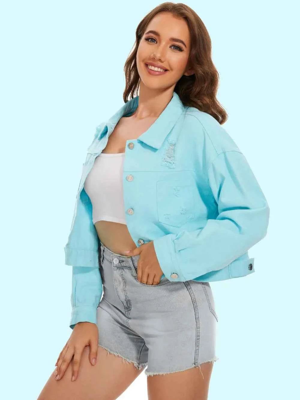 Distressed Denim Jacket with Buttons Up