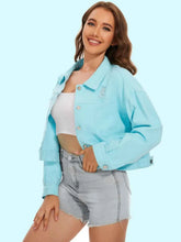 Distressed Denim Jacket with Buttons Up
