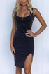 Side Slit Denim Dress with Washed Finish and Scoop Neck Design