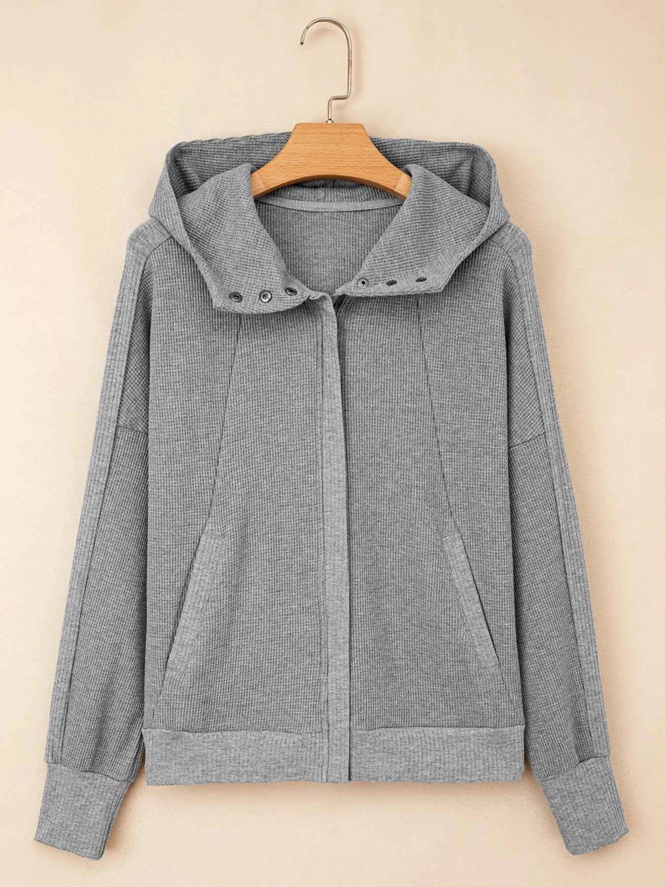 Waffle Splicing Zip Up Front Button Hooded Jacket