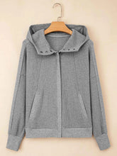 Waffle Splicing Zip Up Front Button Hooded Jacket