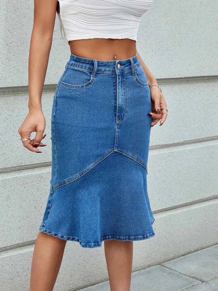 High Waist Denim Skirt with Mermaid Hem