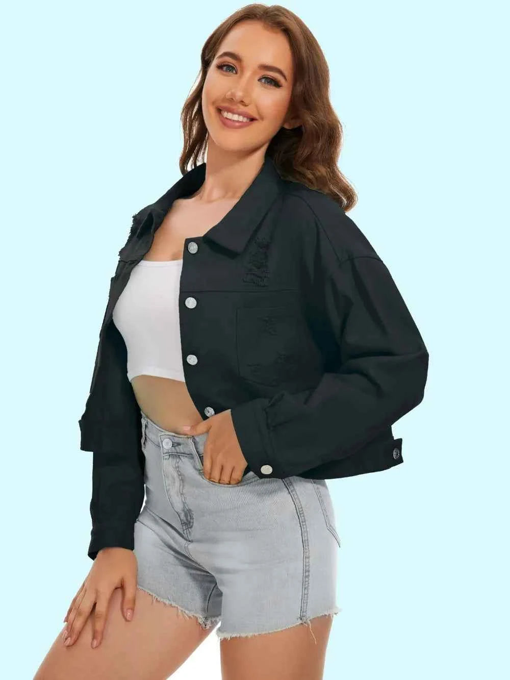 Distressed Denim Jacket with Buttons Up