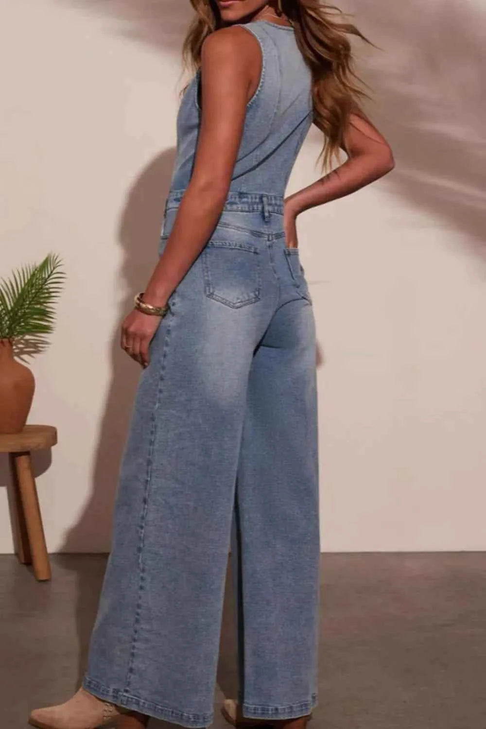 V-neck Denim Jumpsuit with Wide Leg Design