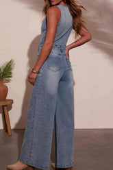 V-neck Denim Jumpsuit with Wide Leg Design