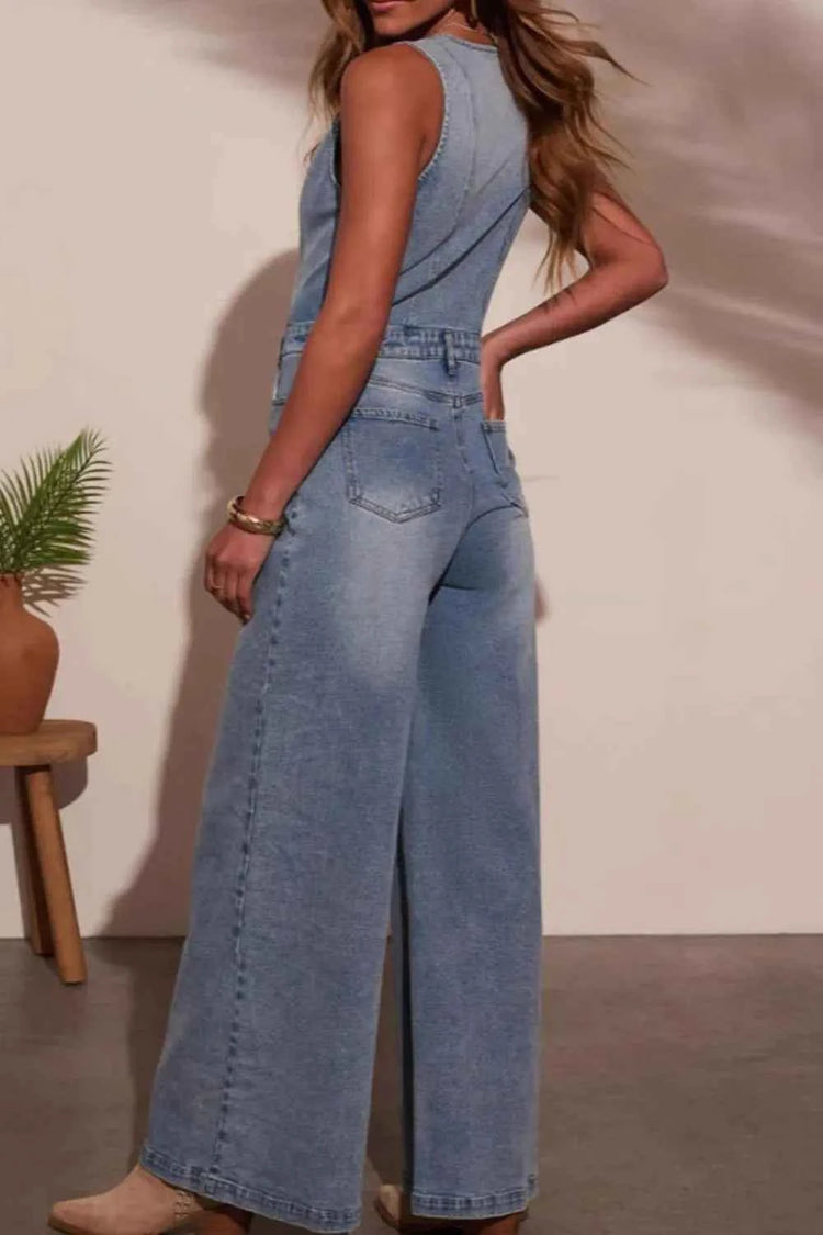 V-neck Denim Jumpsuit with Wide Leg Design