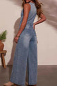 V-neck Denim Jumpsuit with Wide Leg Design