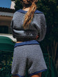 Collared Neck Contrast Striped Top and Shorts Sweater Set