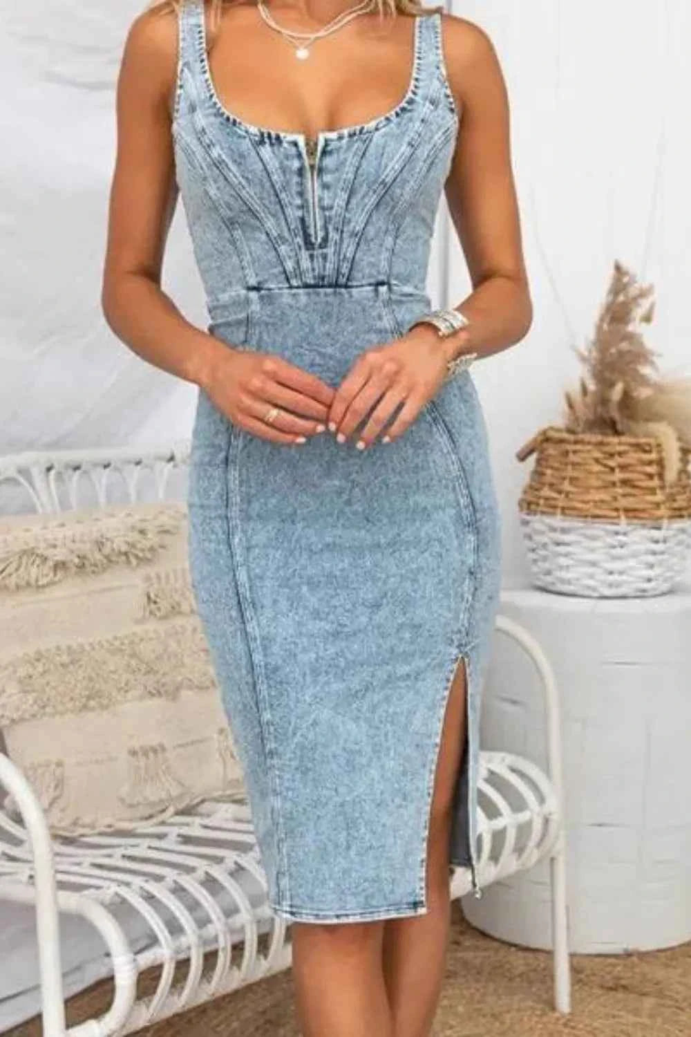Side Slit Denim Dress with Washed Finish and Scoop Neck Design