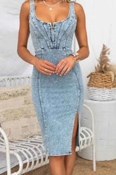 Side Slit Denim Dress with Washed Finish and Scoop Neck Design