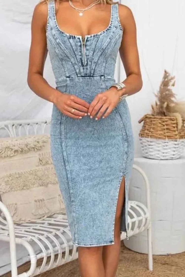 Side Slit Denim Dress with Washed Finish and Scoop Neck Design