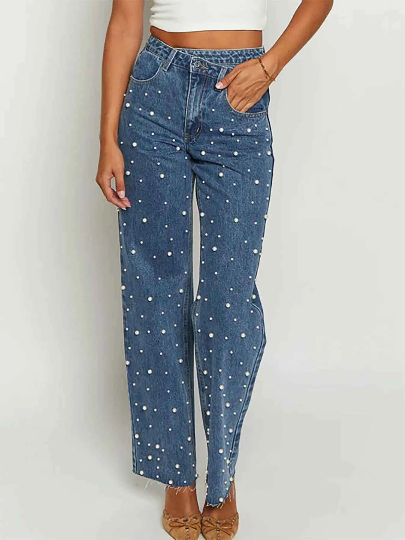 Pearl Embellished High Waist Jeans for Effortless Style and Comfort