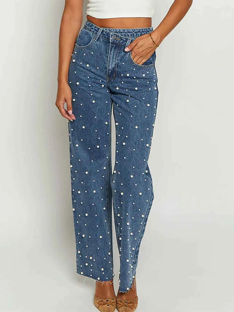 Pearl Embellished High Waist Jeans for Effortless Style and Comfort