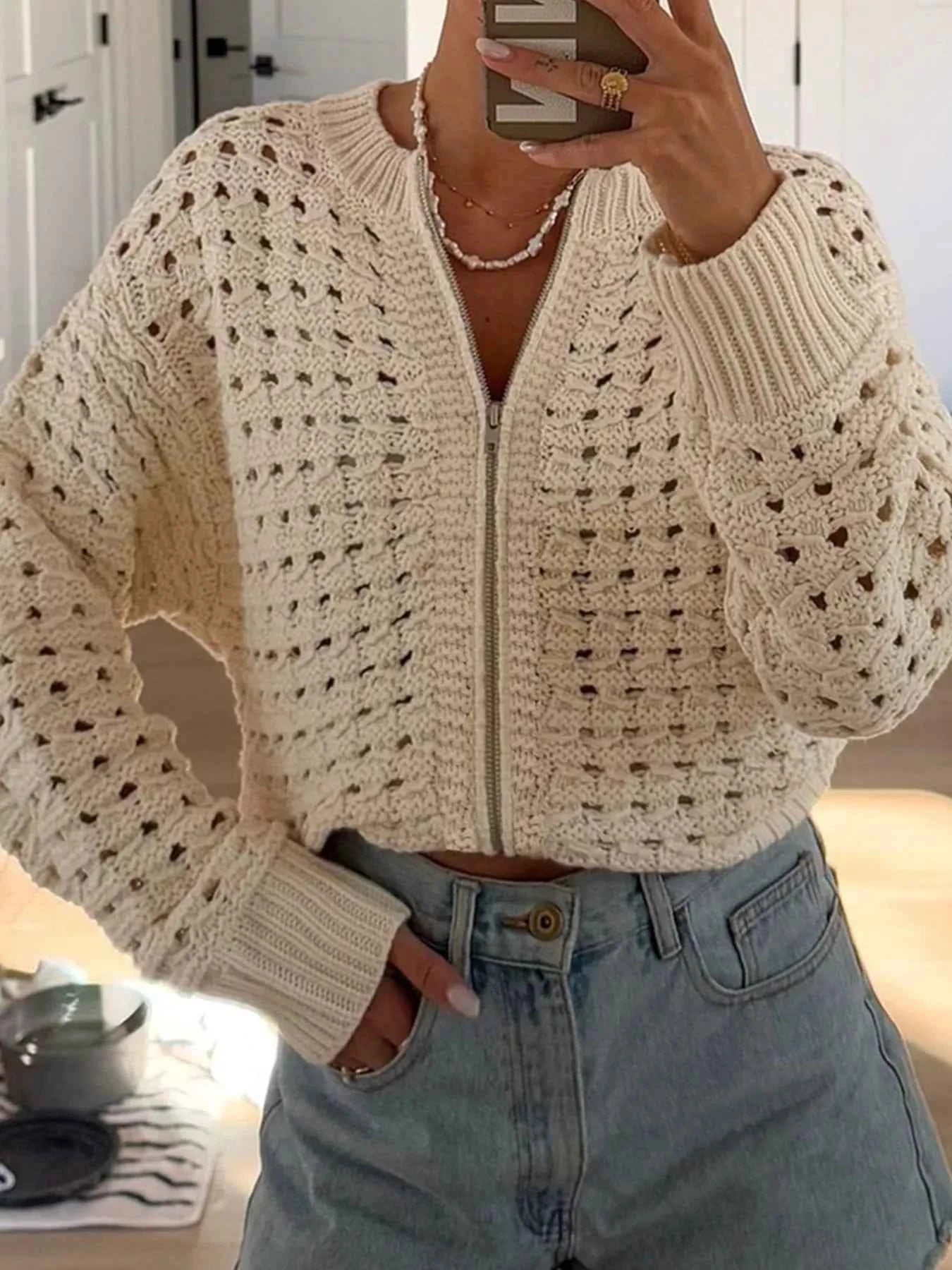 Openwork Zip-Up Cardigan for Stylish Comfort and Versatility