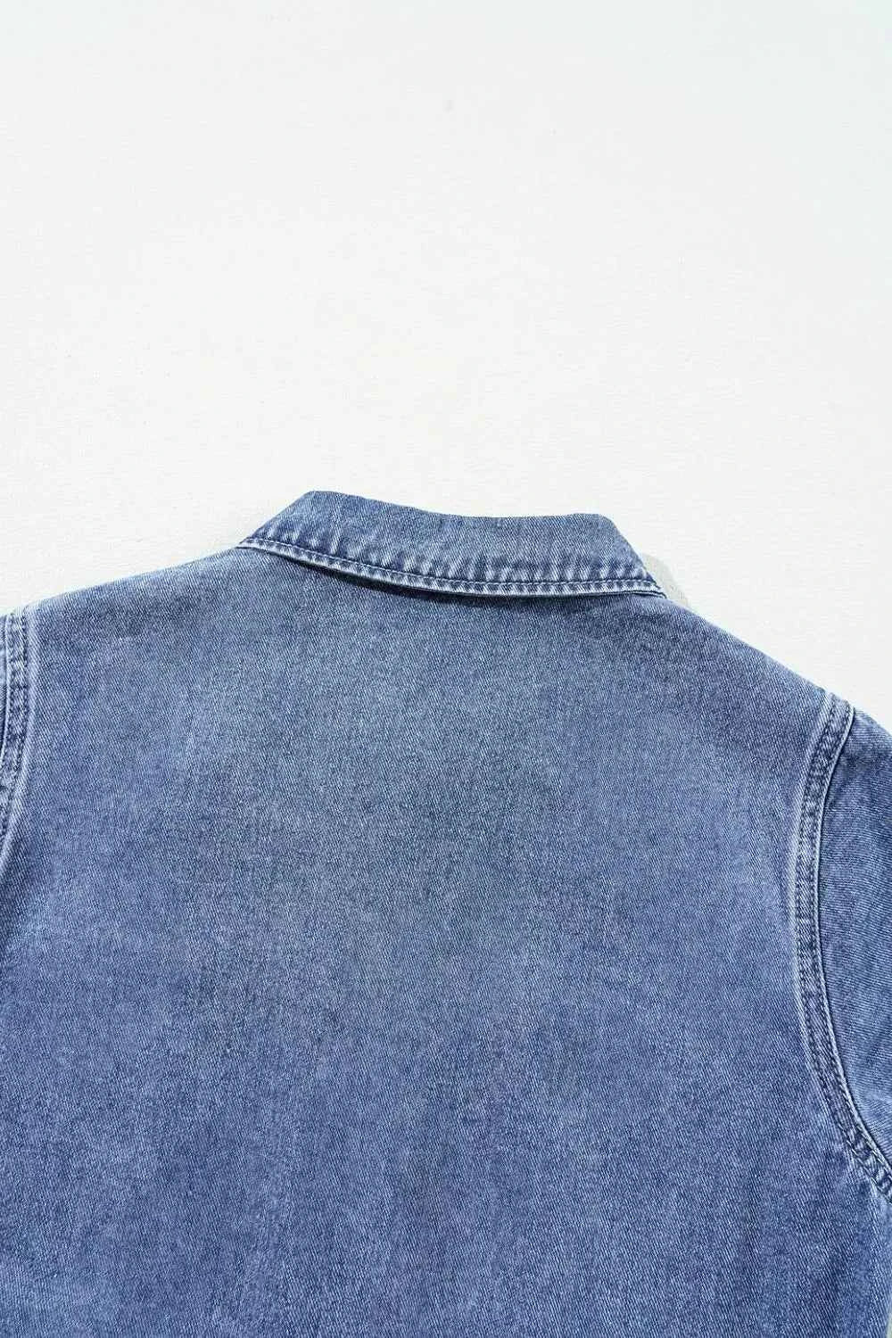 Chest Pocket Front Buttoned Folded Edge Denim Short Sleeve Romper