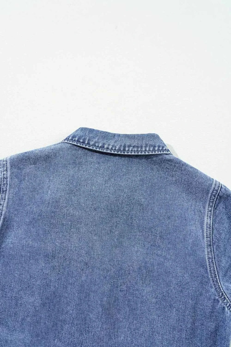 Chest Pocket Front Buttoned Folded Edge Denim Short Sleeve Romper