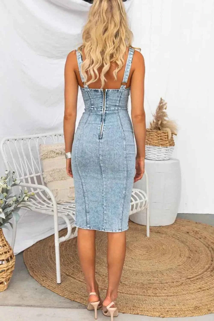 Side Slit Denim Dress with Washed Finish and Scoop Neck Design